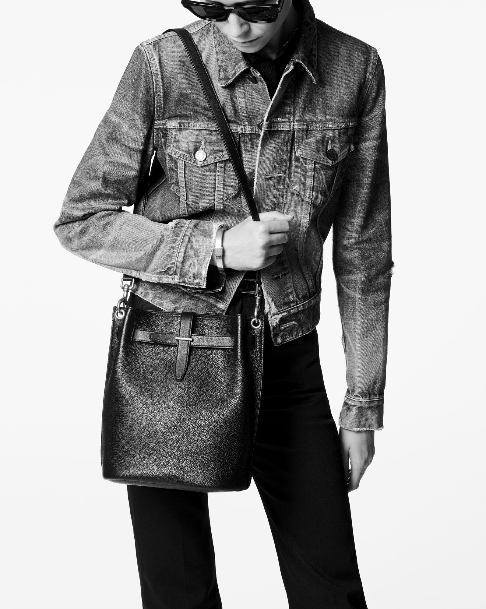 boucle bucket bag in grained leather black boucle bucket bag in grained leather black