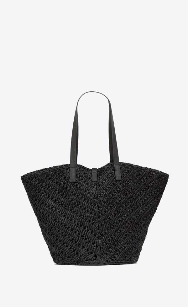 panier medium in raffia and vegetable tanned leather black