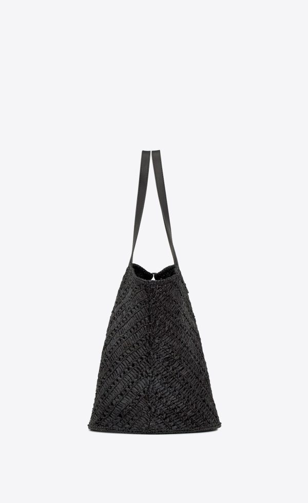 panier medium in raffia and vegetable tanned leather black