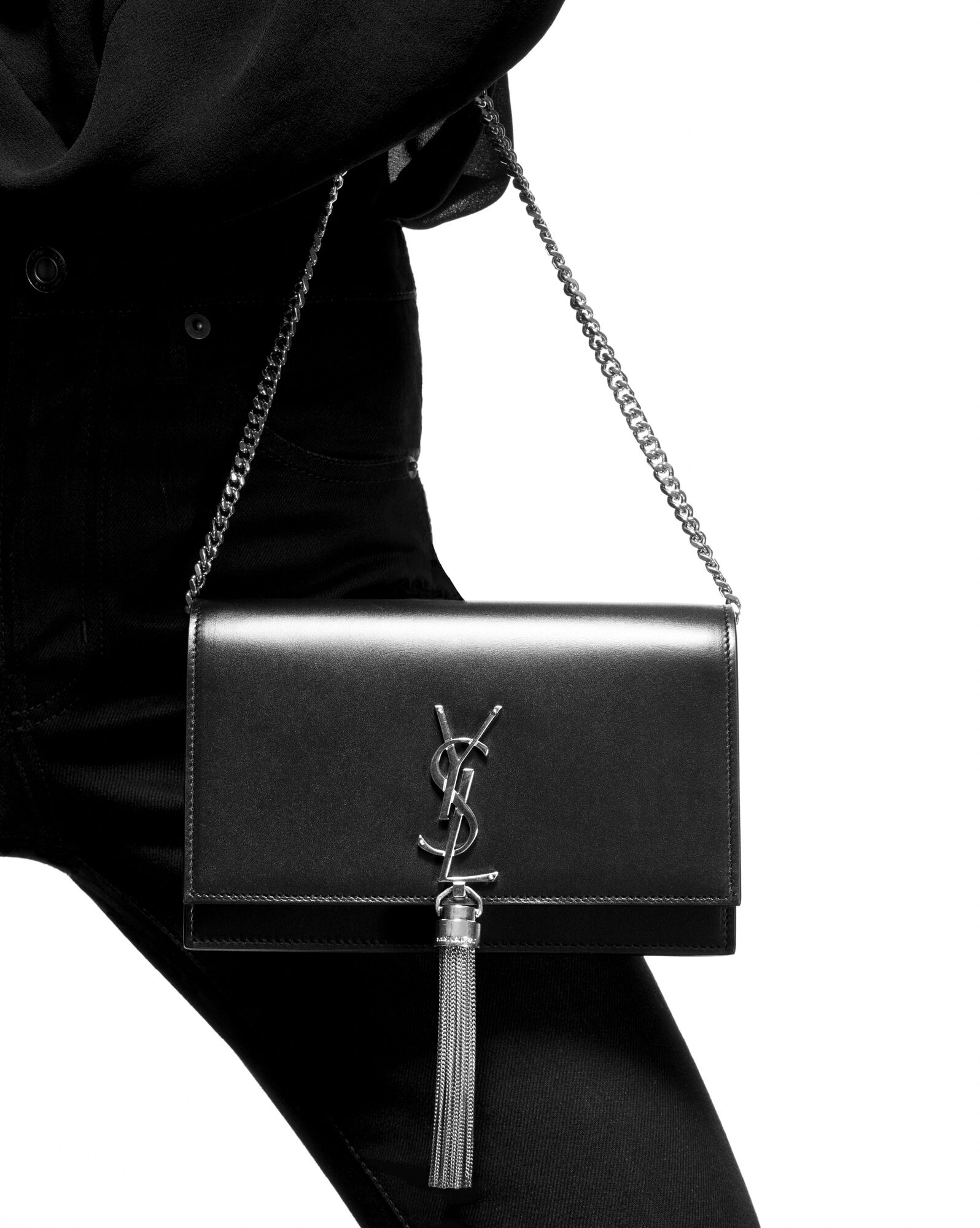 kate chain wallet with tassel in satin black kate chain wallet with tassel in satin black