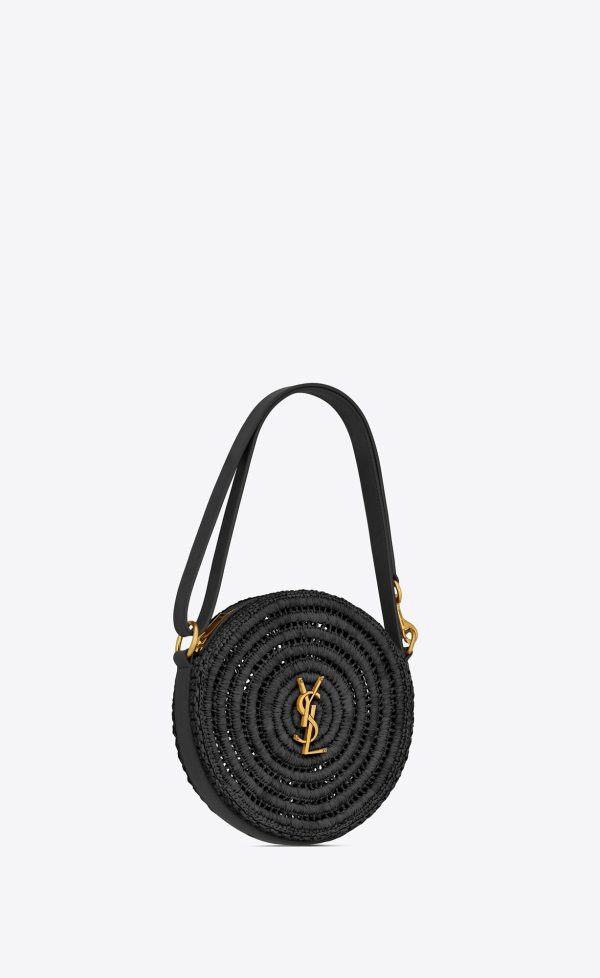 round bag in raffia and vegetable tanned leather black