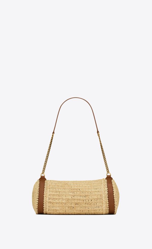 cassandre small cylindric bag in raffia and vegetable tanned leather natural and brick