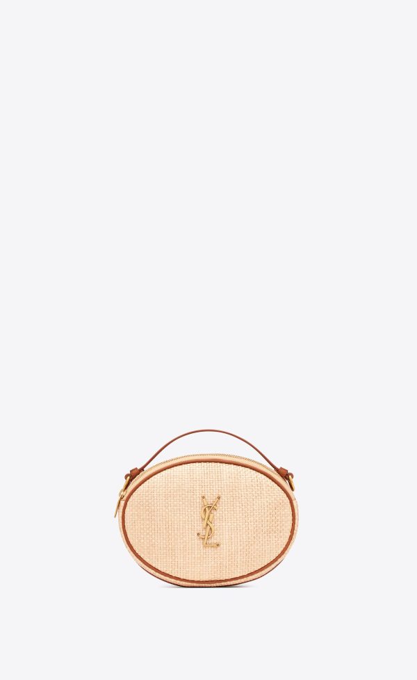 camera bag in raffia and vegetable tanned leather golden ecru and brick
