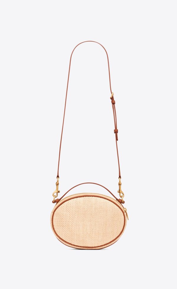 camera bag in raffia and vegetable tanned leather golden ecru and brick
