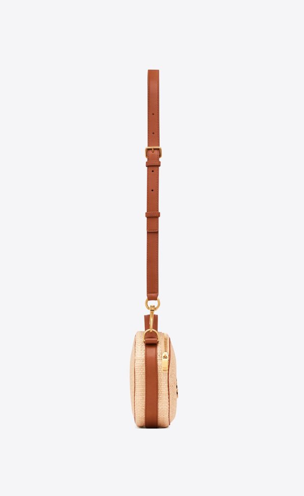 camera bag in raffia and vegetable tanned leather golden ecru and brick