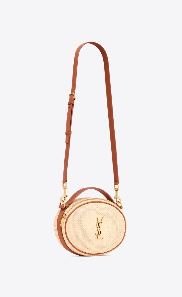 camera bag in raffia and vegetable tanned leather golden ecru and brick