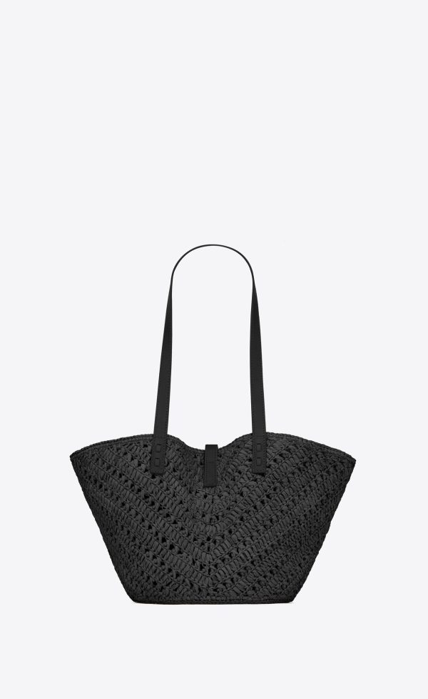 panier small in raffia and vegetable tanned leather black
