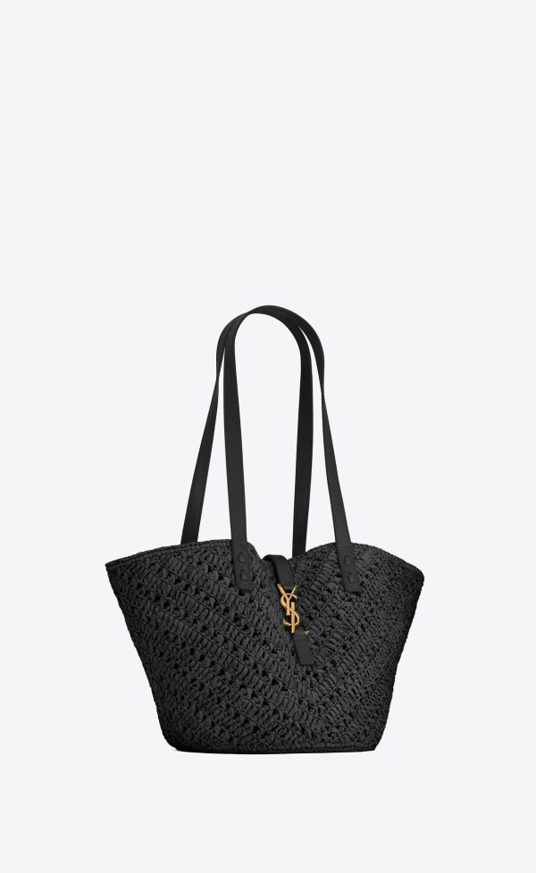 panier small in raffia and vegetable tanned leather black