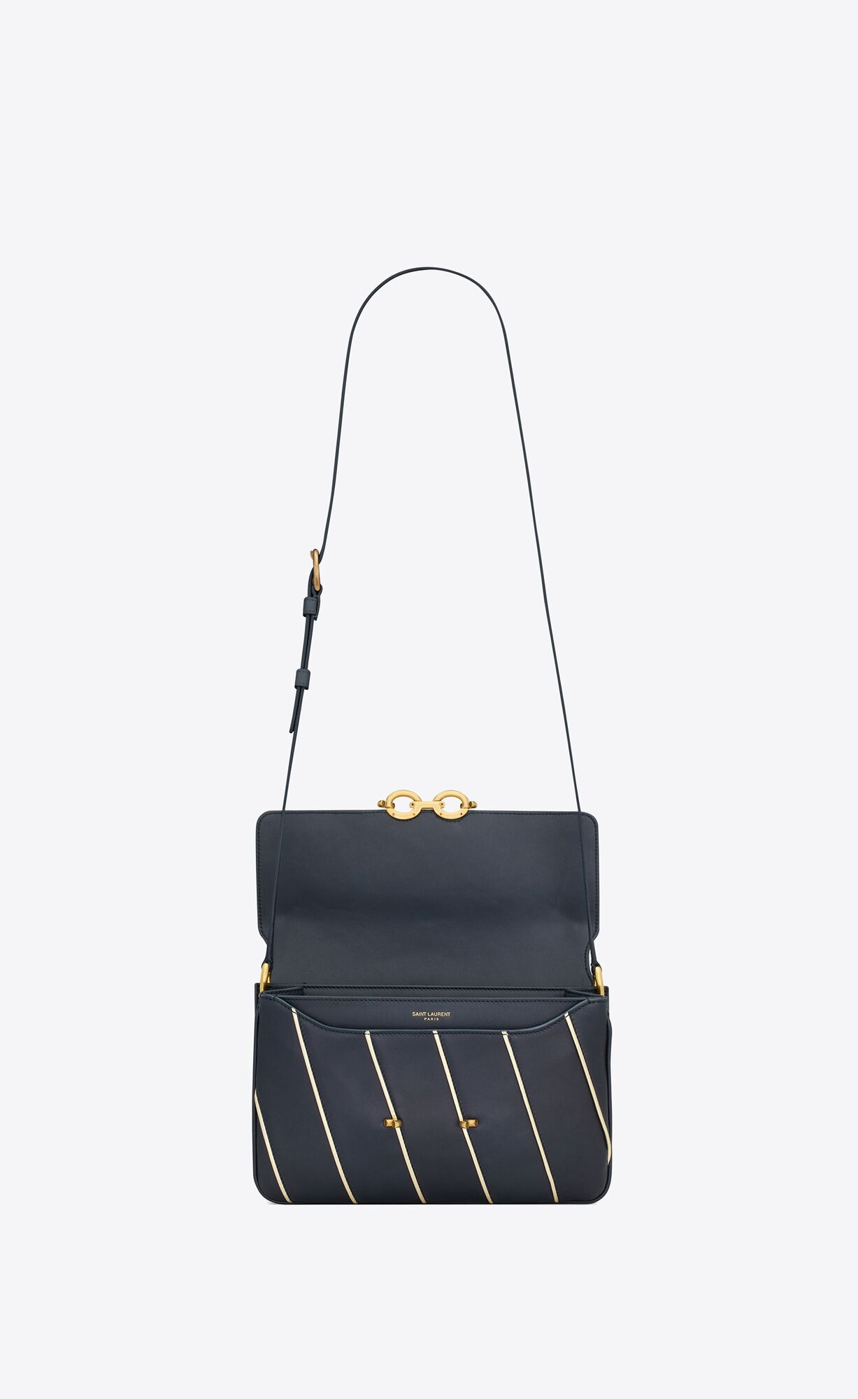 le maillon in striped satin and lambskin marine et argent le maillon in striped satin and lambskin marine et argent